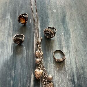Vintage Silver Tone Heart Charm Necklace with Mixed Rings - Silver